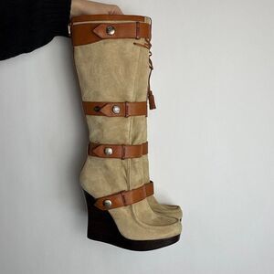L.A.M.B Gwen Stefani Vintage Y2K Tan and Brown Genuine Leather Suede Boots